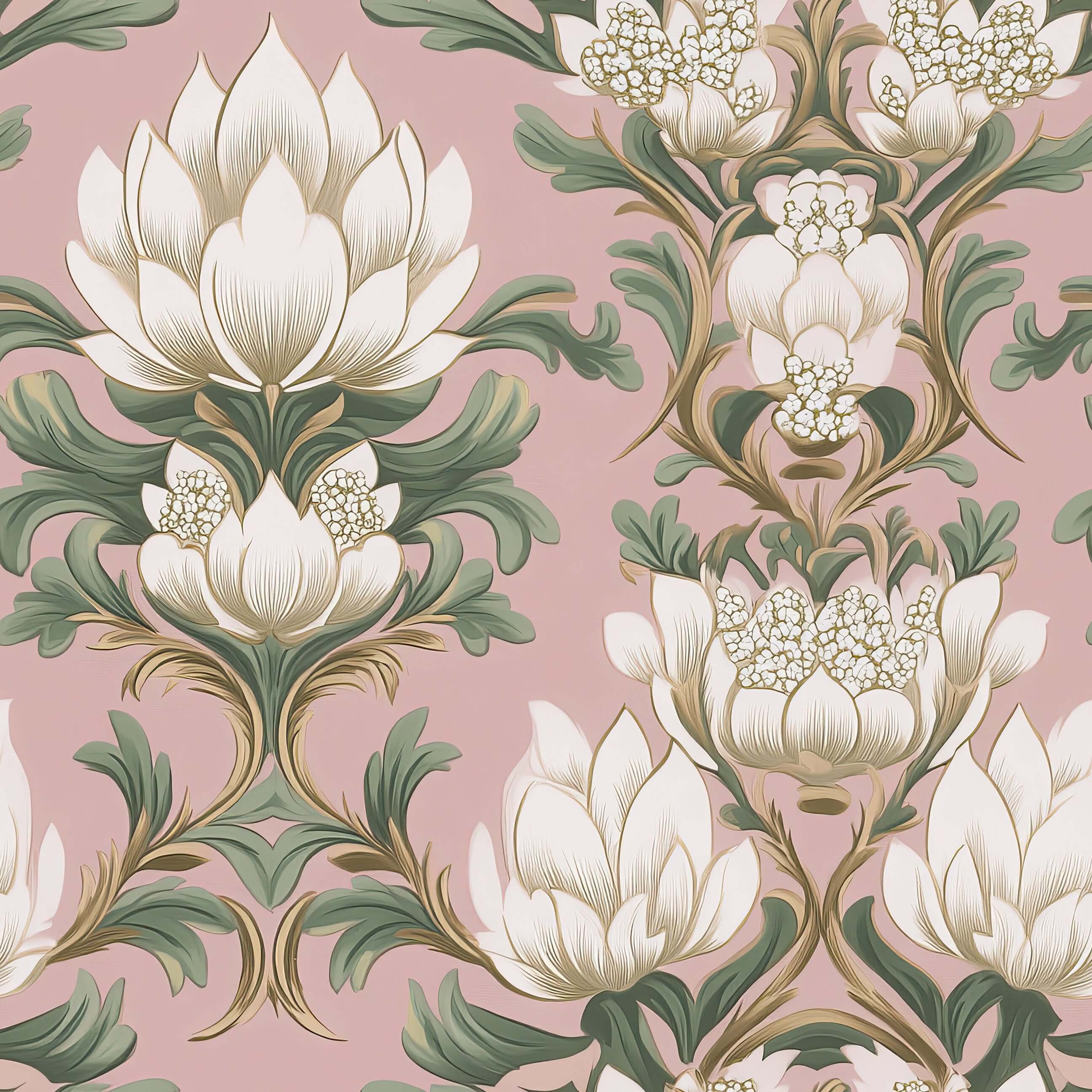 Deco Floral Majesty wallpaper featuring white flowers, green leaves, and Art Deco design on a pink background, embodying timeless elegance.