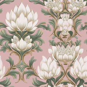 Deco Floral Majesty wallpaper featuring white flowers, green leaves, and Art Deco design on a pink background, embodying timeless elegance.