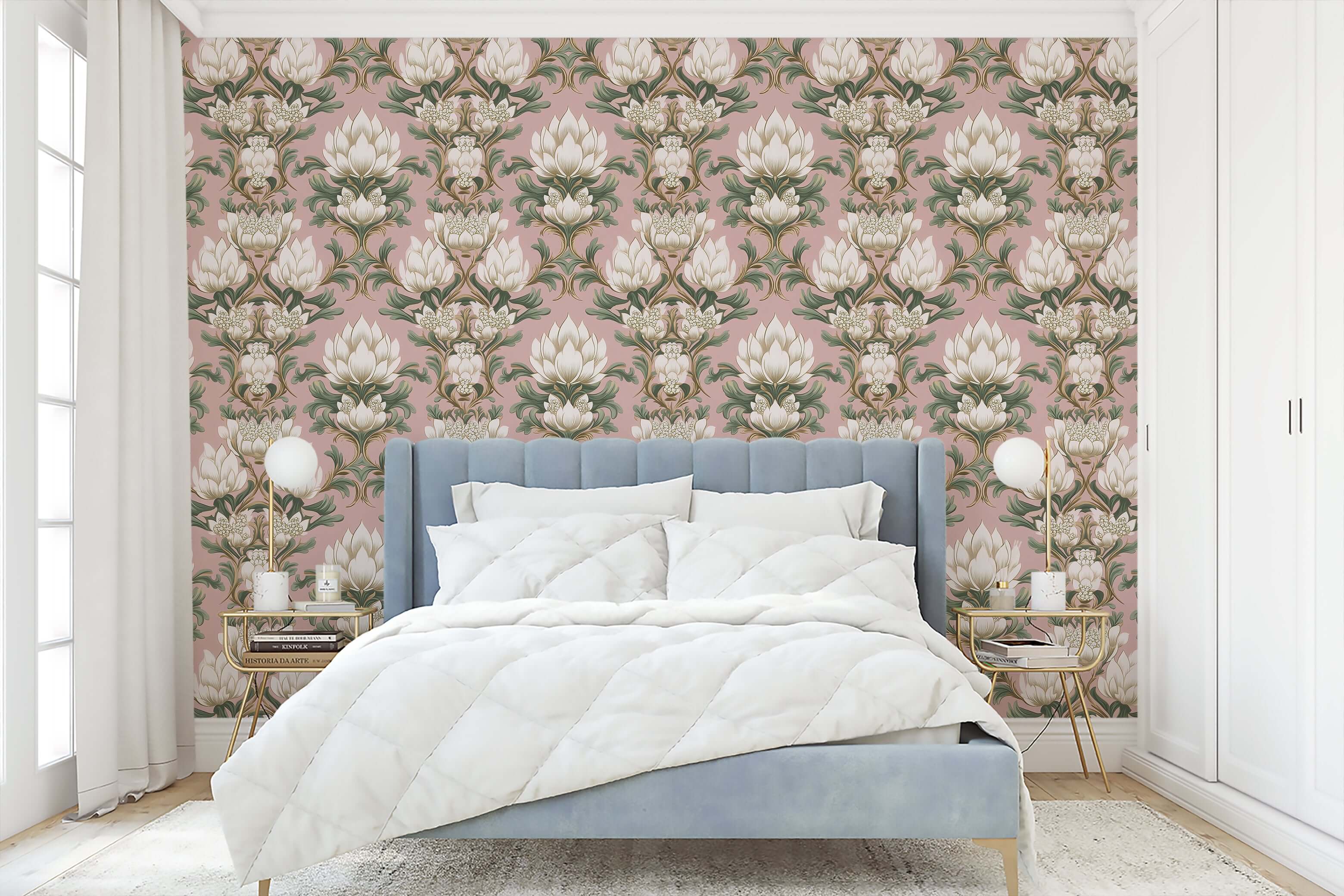 Luxurious Deco Floral Majesty wallpaper with white flowers, green foliage, and Art Deco design against a soft mauve background in a bedroom.