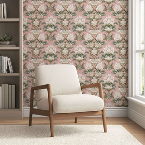 Luxurious Deco Floral Majesty wallpaper with white flowers, green foliage, on a pink mauve background in a modern living room.