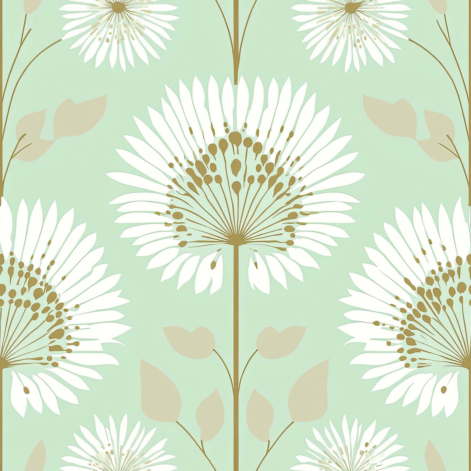 Modern mint green wallpaper with white starburst floral design, featuring bold blooms and clean lines for a fresh room accent.