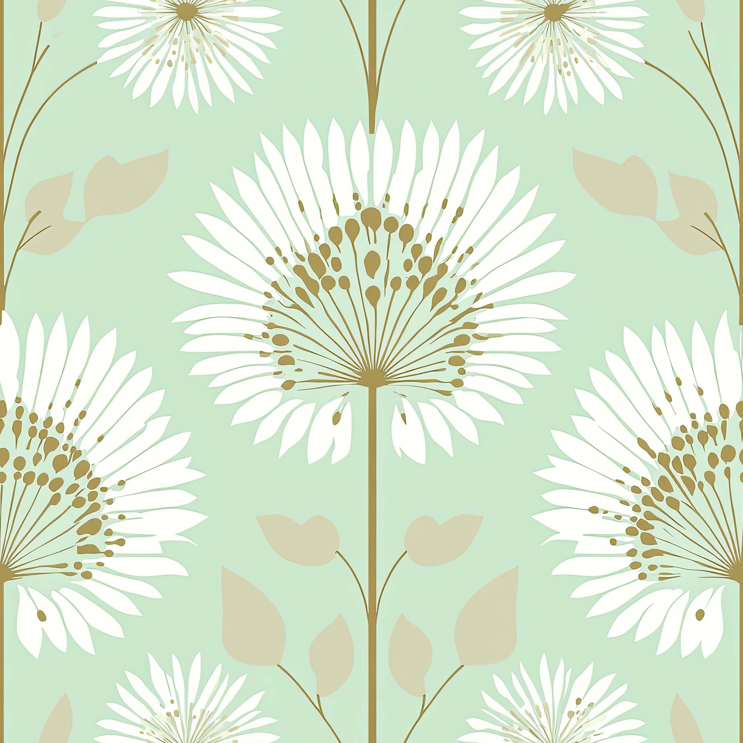Modern mint green wallpaper with white starburst floral design, featuring bold blooms and clean lines for a fresh room accent.