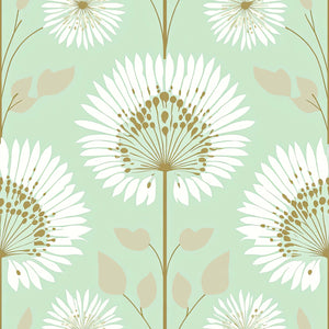 Modern mint green wallpaper with white starburst floral design, featuring bold blooms and clean lines for a fresh room accent.