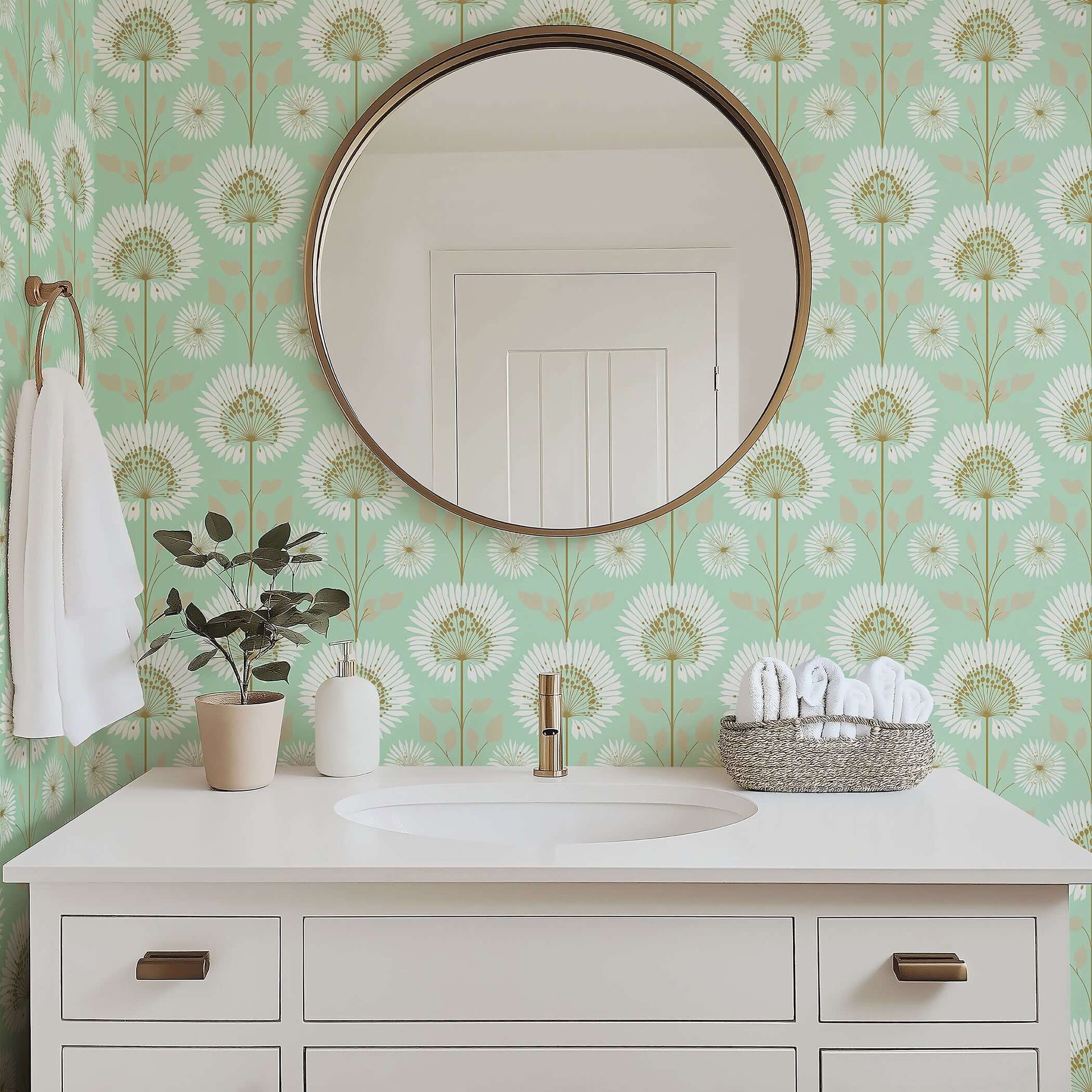 Modern mint green wallpaper with white floral starburst design in a bathroom setting, featuring a round mirror and contemporary sink.