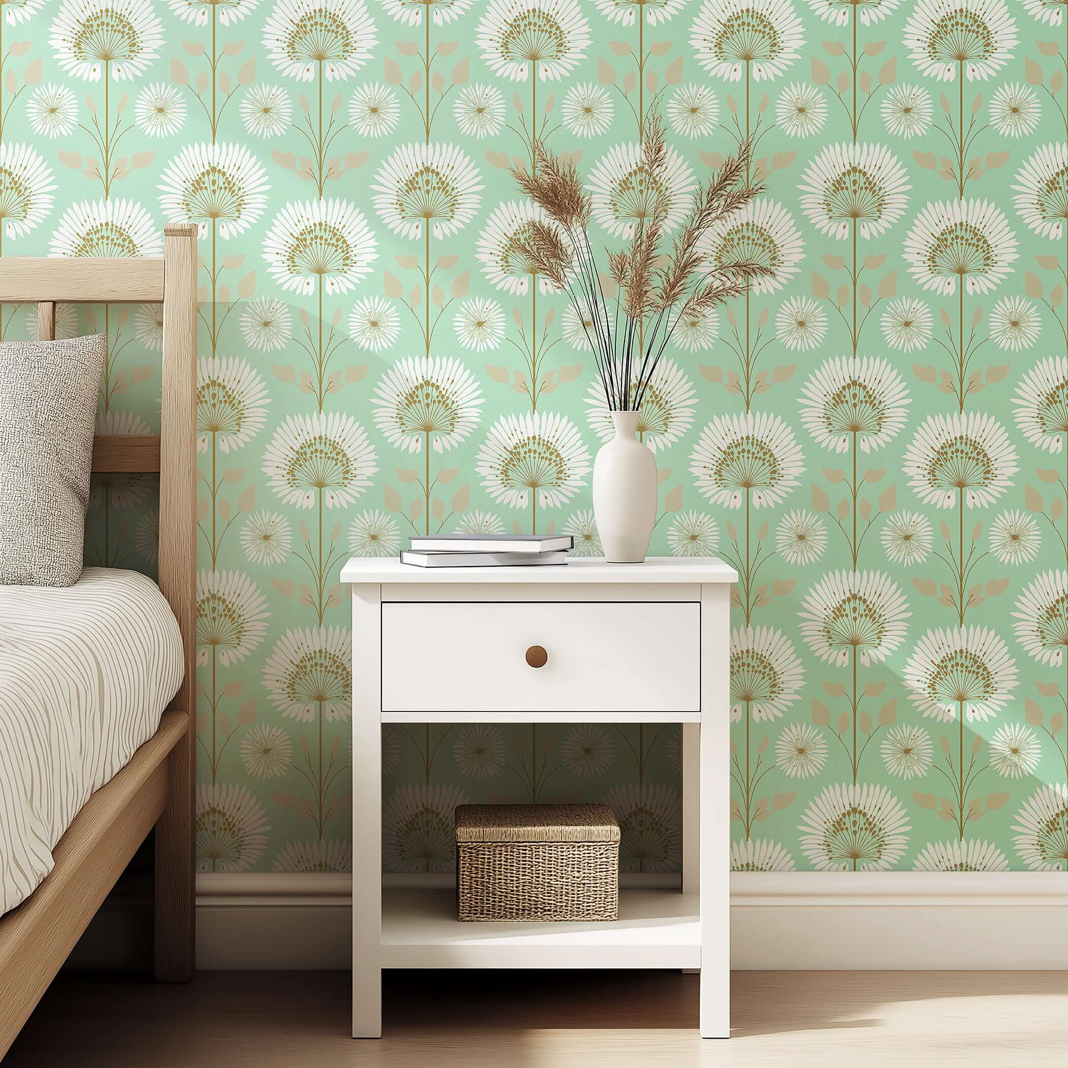Modern mint green wallpaper with white floral starburst design, embellishing a bedroom's accent wall above a white nightstand.