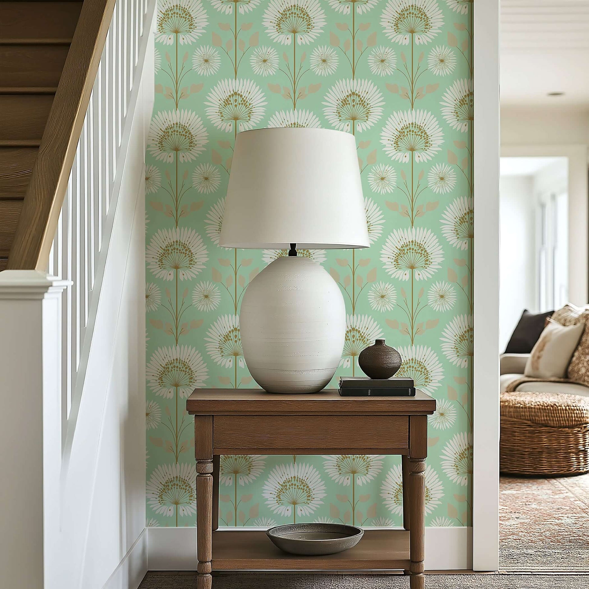 Mint green floral wallpaper with white and gold starburst flowers, enhancing the modern decor of a cozy hallway.