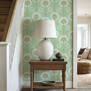 Mint green floral wallpaper with white and gold starburst flowers, enhancing the modern decor of a cozy hallway.