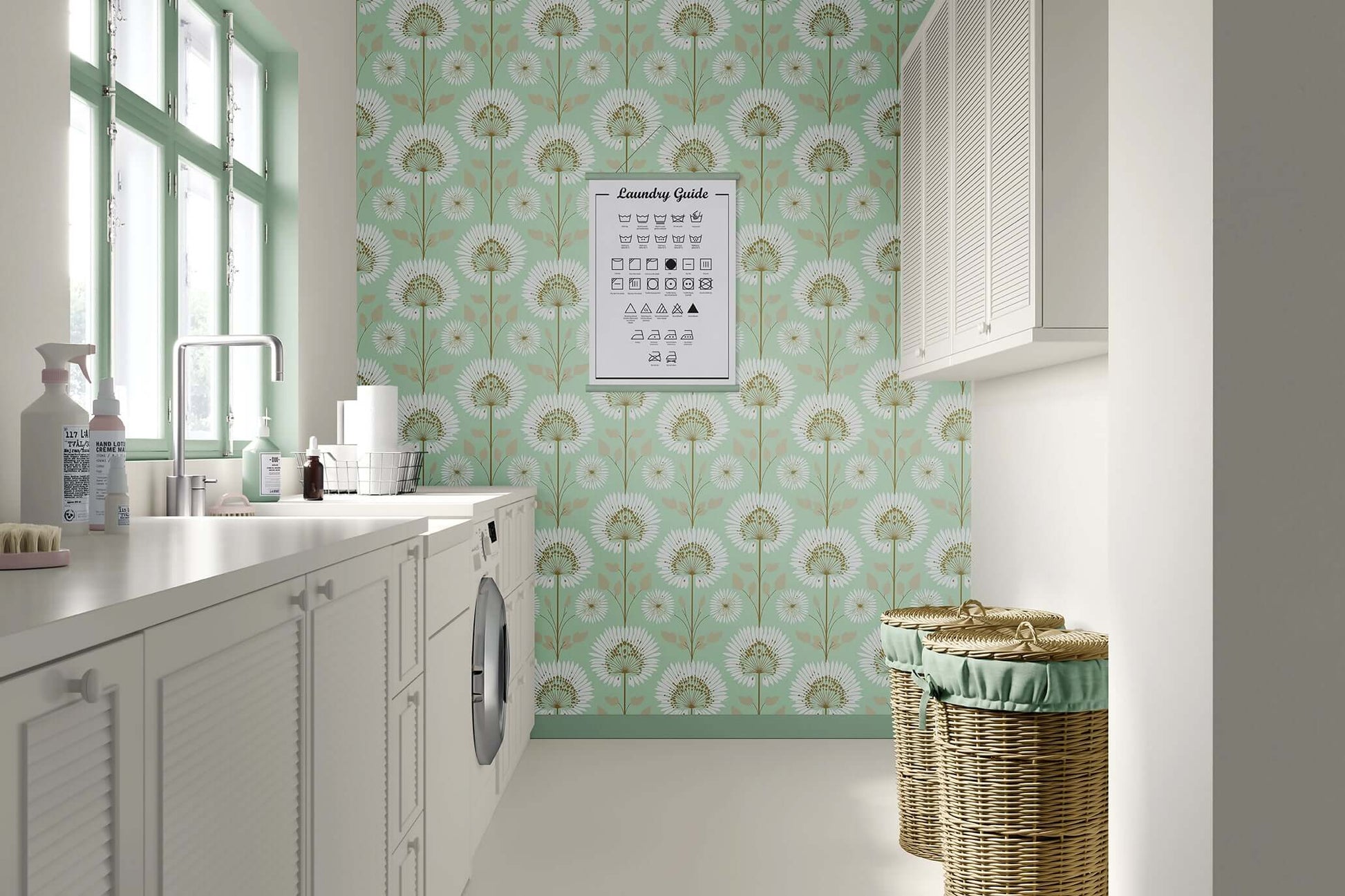 Laundry room featuring Fresh Mint Sunburst wallpaper with floral starburst design in mint green, white, and gold for a modern look.