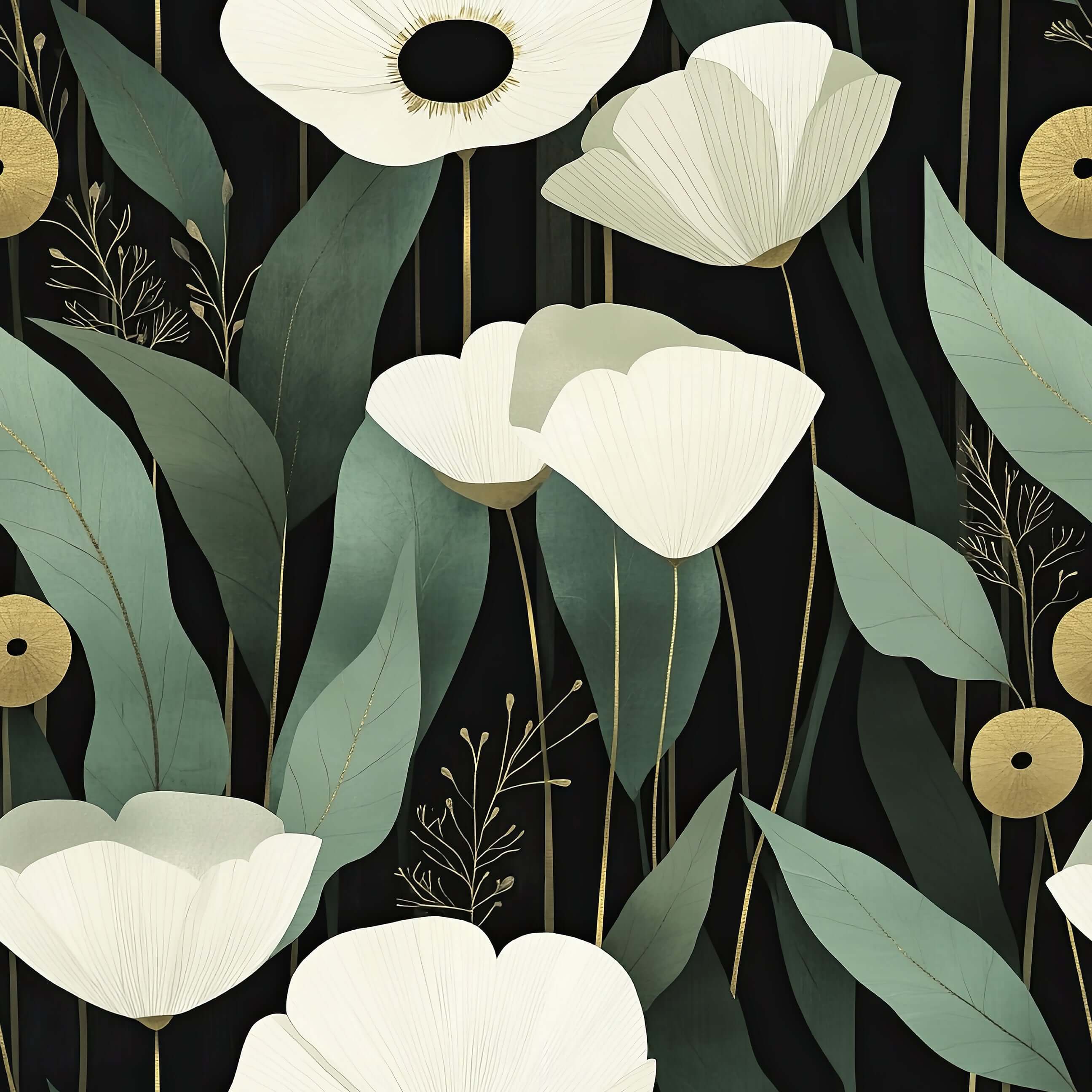Bold wallpaper with white florals, green leaves, and gold accents on a black background. Modern botanical design. Gilded Night style.