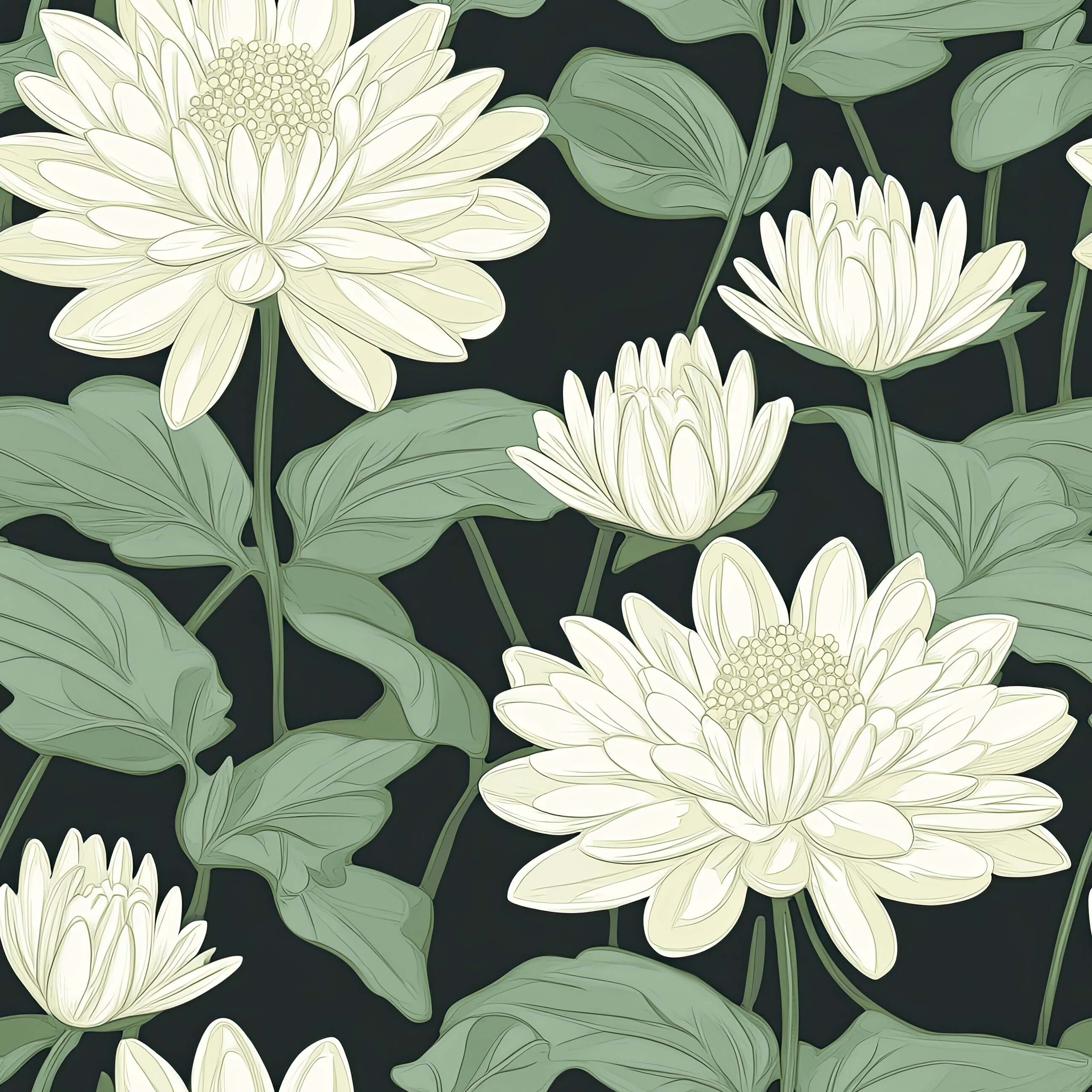 Elegant wallpaper featuring ivory flowers and green leaves on a charcoal-black background, ideal for contemporary interiors.
