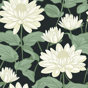 Elegant wallpaper featuring ivory flowers and green leaves on a charcoal-black background, ideal for contemporary interiors.