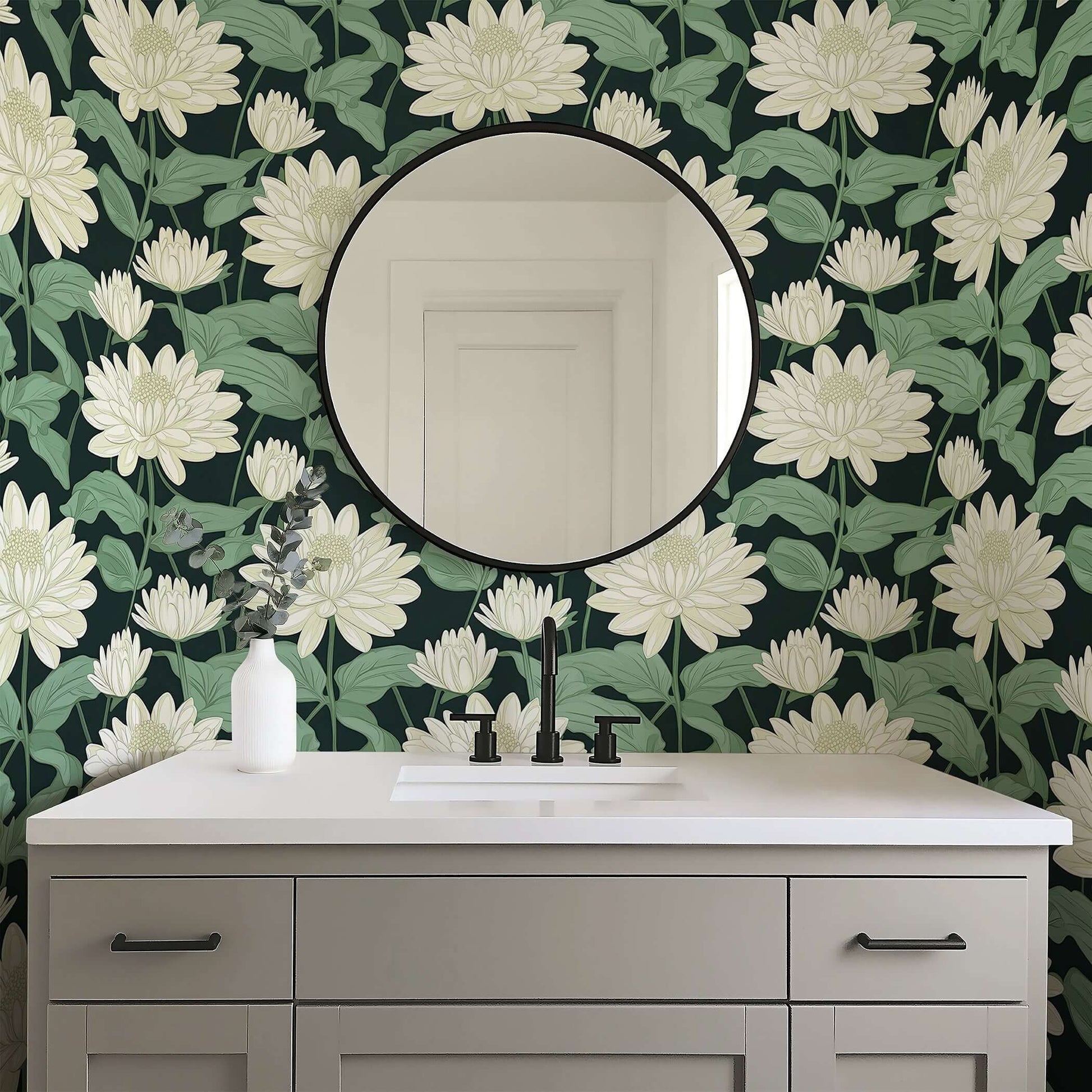 Contemporary bathroom with Midnight Floral Symphony wallpaper featuring ivory florals and green leaves on a black background.