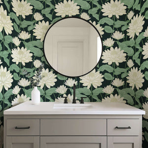 Contemporary bathroom with Midnight Floral Symphony wallpaper featuring ivory florals and green leaves on a black background.