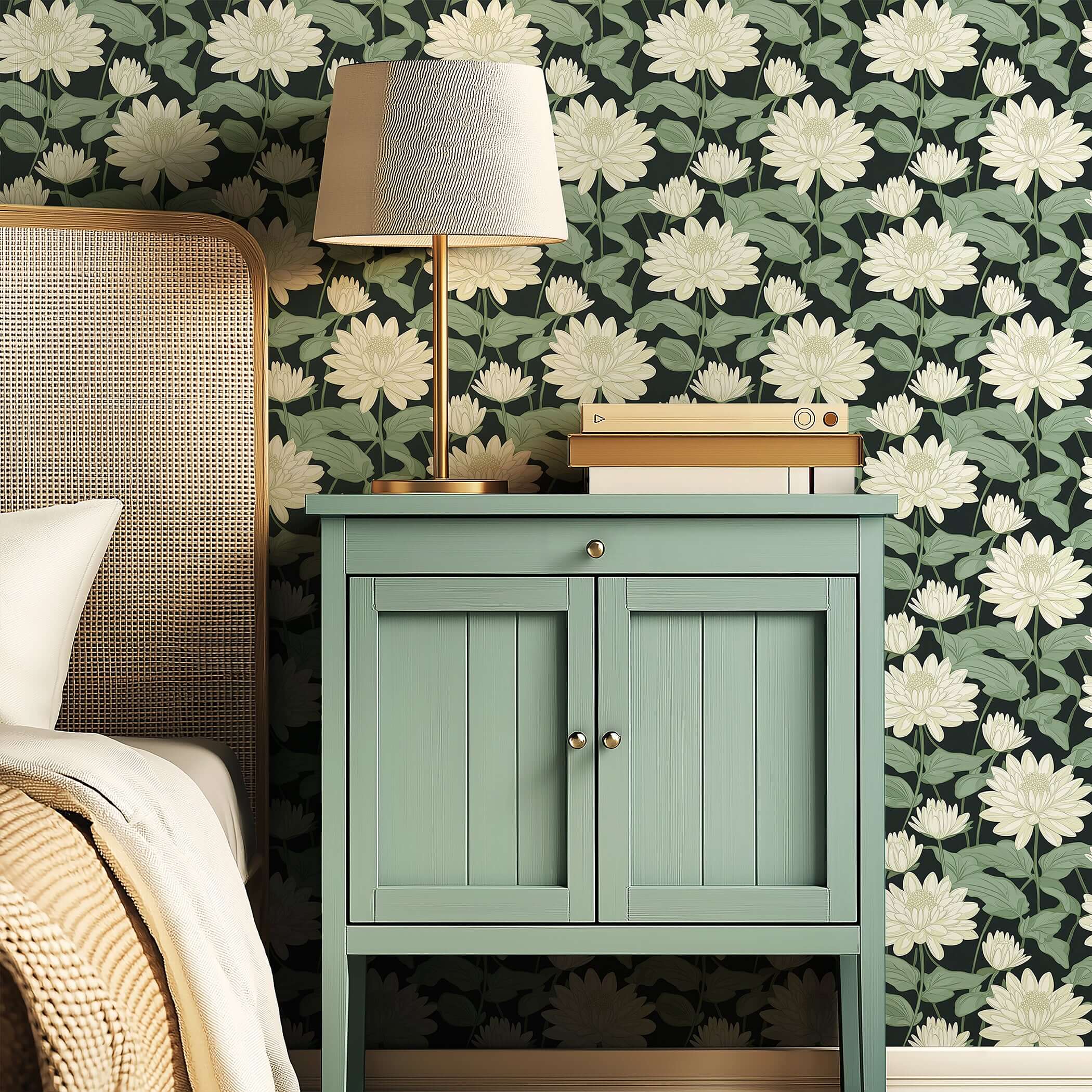 Contemporary bedroom with Midnight Floral Symphony wallpaper, featuring ivory white flowers and green leaves on a black background.