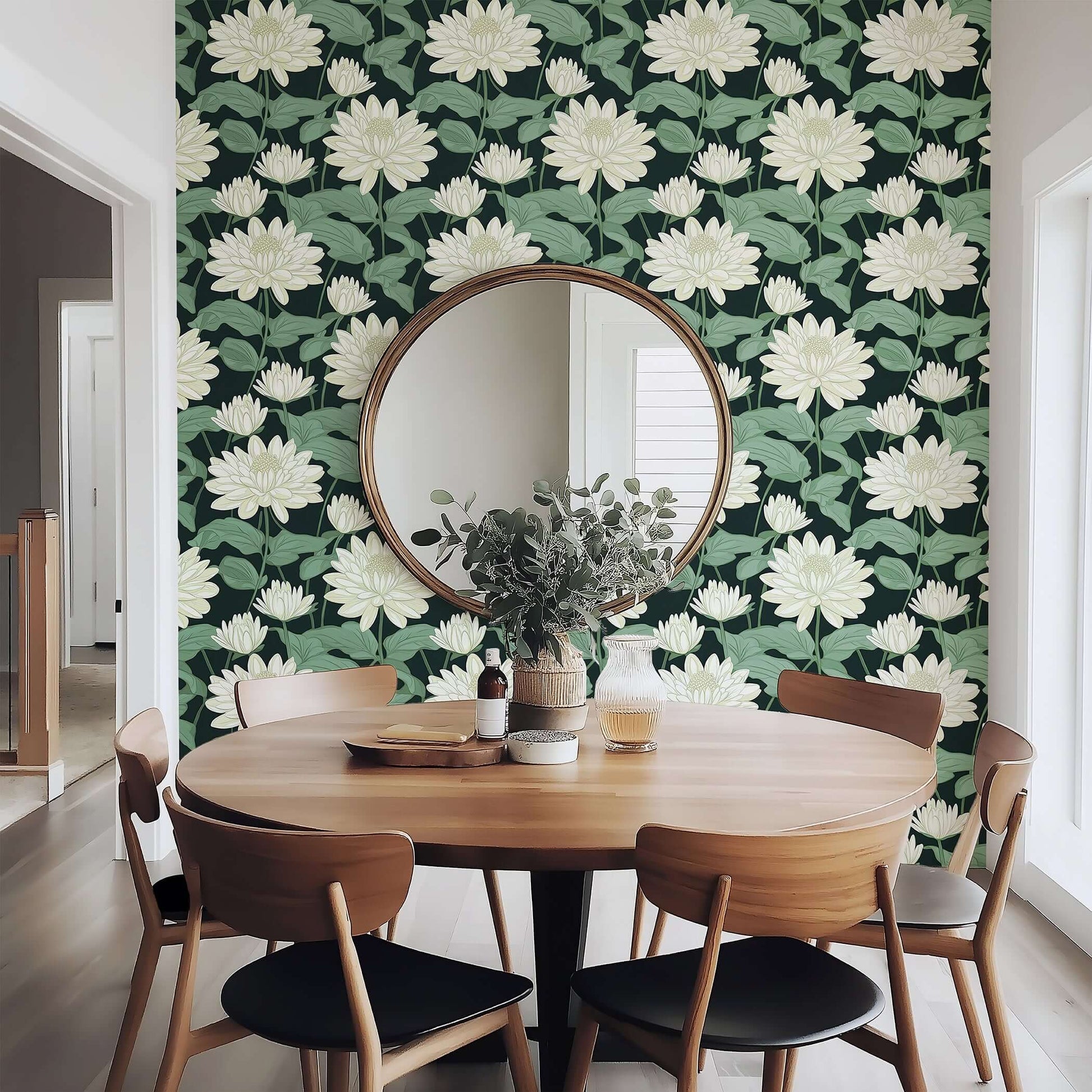 Contemporary dining room with Midnight Floral Symphony Wallpaper featuring white florals and green leaves on a black background.