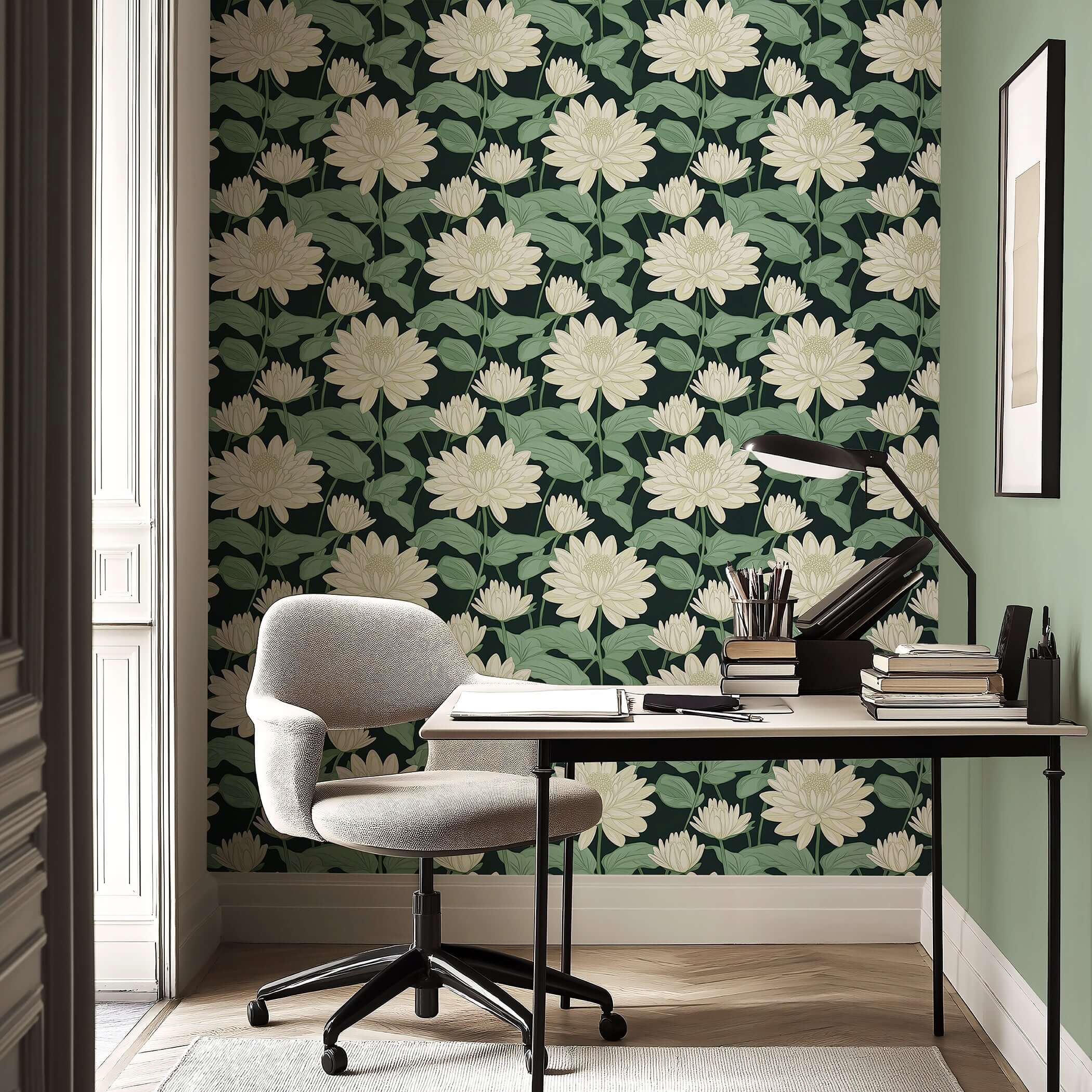 Contemporary black background wallpaper with ivory florals and green leaves, enhancing a stylish home office setting.