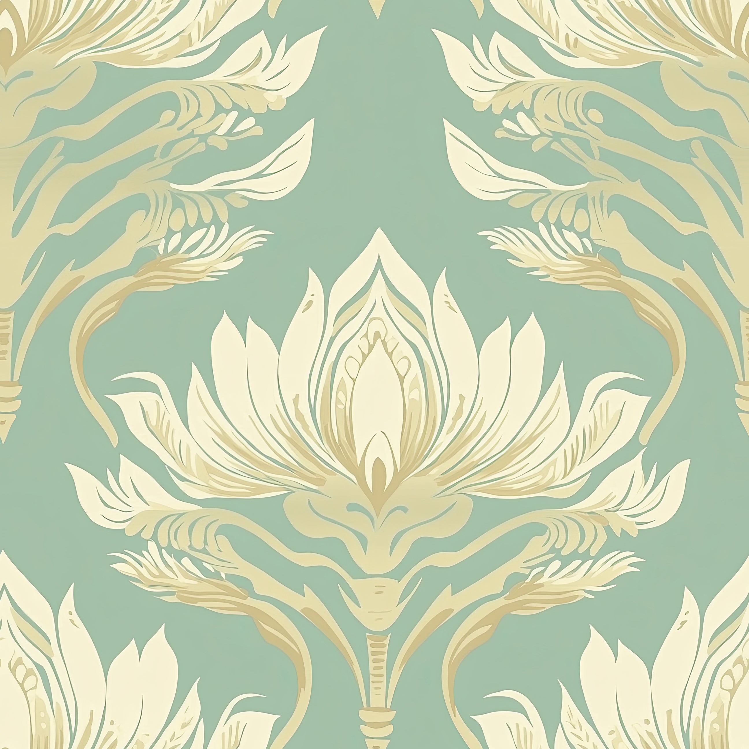 Celestial Lotus Harmony wallpaper with Art Nouveau cream floral patterns on a teal background, featuring lotus flowers and damask design.