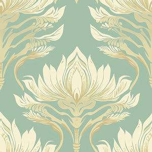 Celestial Lotus Harmony wallpaper with Art Nouveau cream floral patterns on a teal background, featuring lotus flowers and damask design.