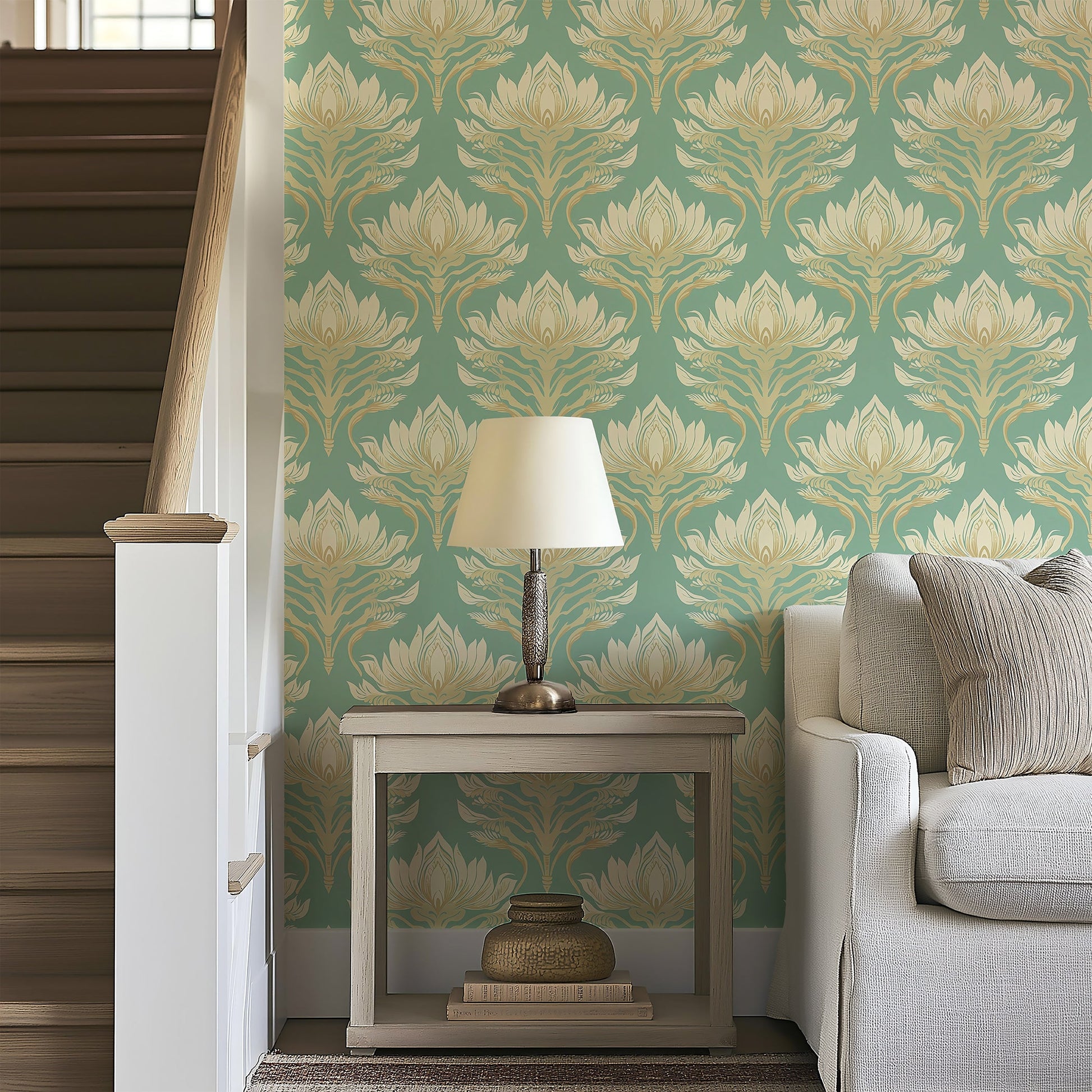 Teal wallpaper with Art Nouveau lotus flowers and damask pattern, adding modern floral elegance to an interior space.