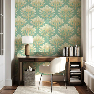 Modern teal wallpaper featuring elegant lotus flowers and Art Nouveau damask floral patterns, creating serene interior decor.