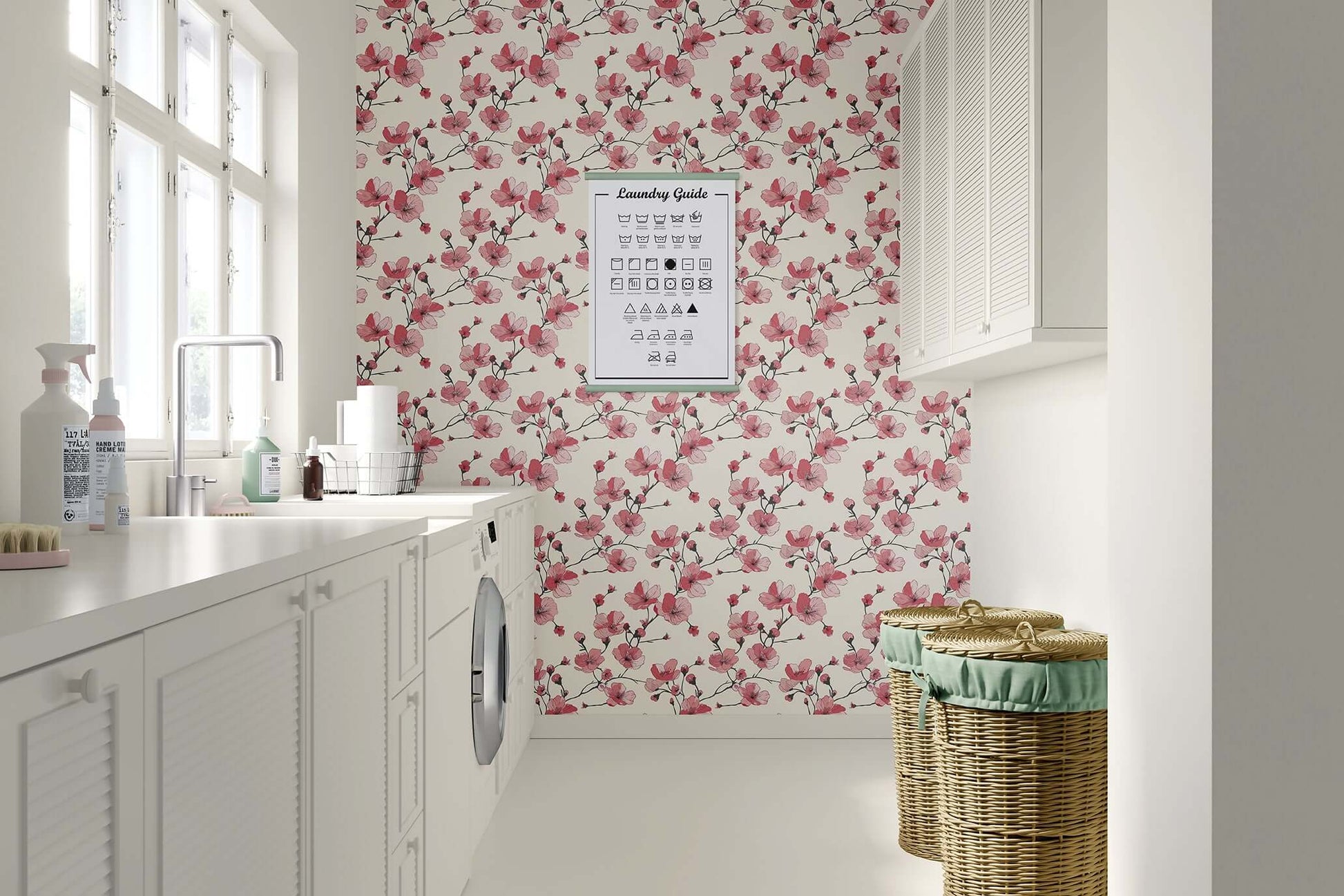 Modern laundry room with Cherry Blossom Serenade wallpaper featuring pink and red floral patterns on an ivory backdrop.