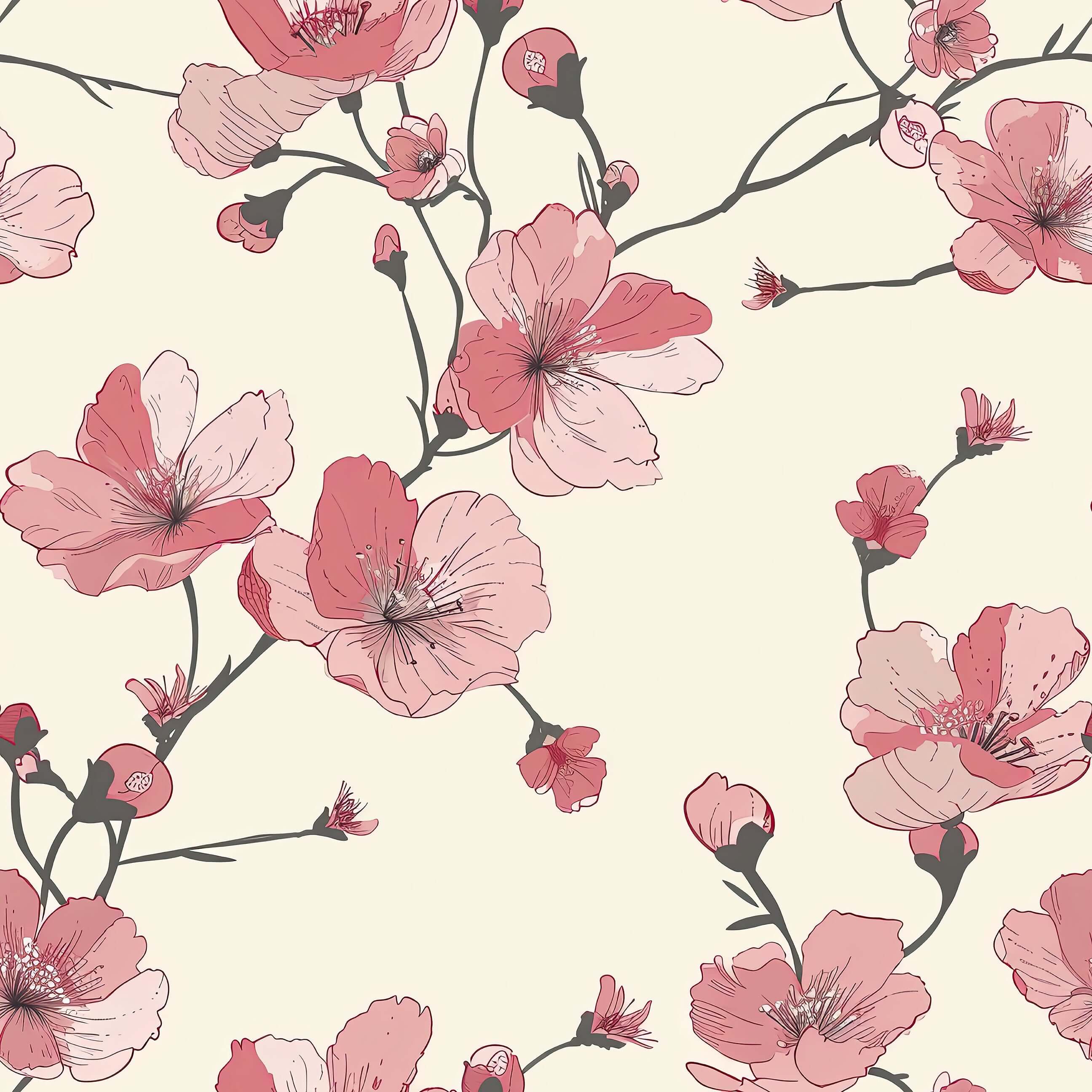 Modern cherry blossom wallpaper in pink, red, and tan tones on ivory background, featuring contemporary floral patterns.