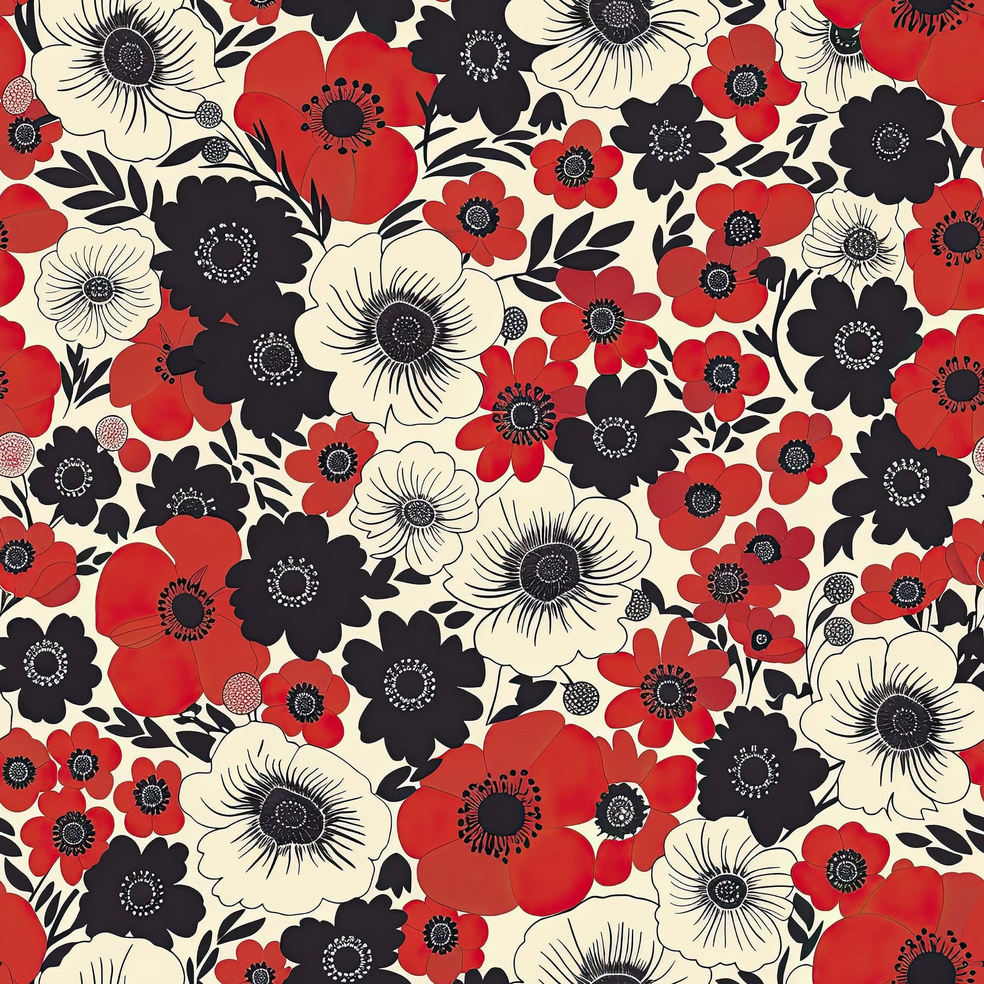 Bold floral wallpaper with red poppies, black accents, cream blooms; modern, contemporary design perfect for statement walls.
