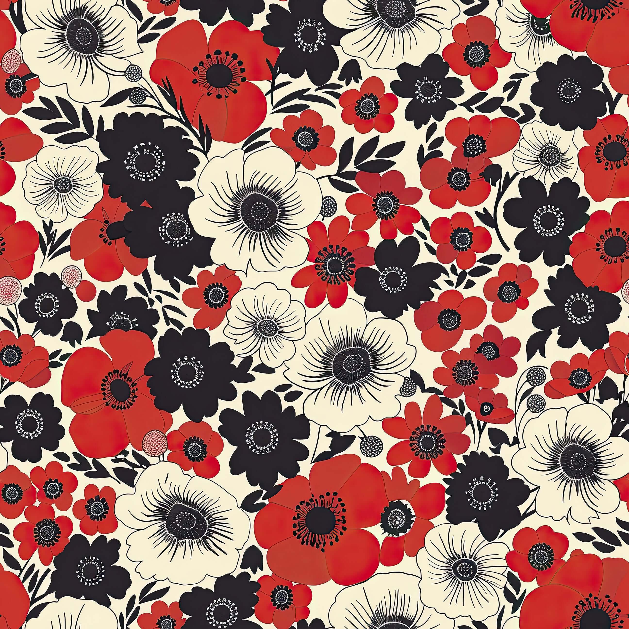 Bold floral wallpaper with red poppies, black accents, cream blooms; modern, contemporary design perfect for statement walls.