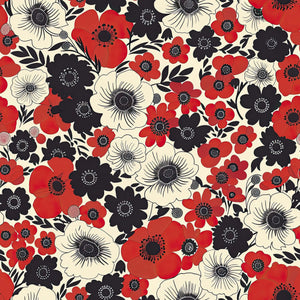 Bold floral wallpaper with red poppies, black accents, cream blooms; modern, contemporary design perfect for statement walls.