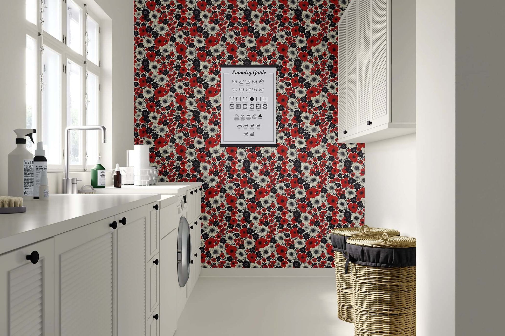 Laundry room with Wild Poppy Passion wallpaper featuring red, black, white flowers, modern design in contemporary setting.