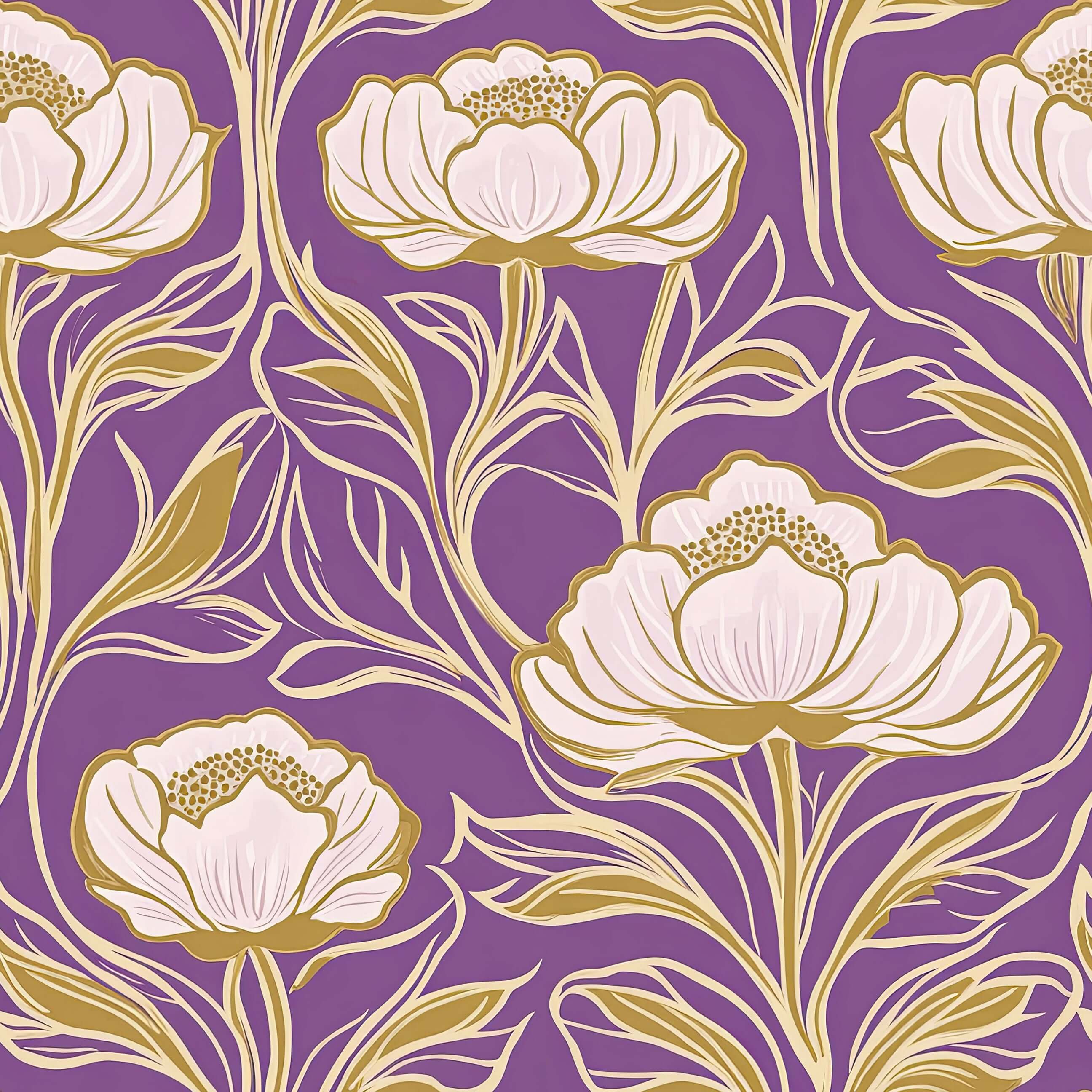 Art Deco damask wallpaper with white flowers and gold highlights on a purple background, perfect for elegant living spaces.