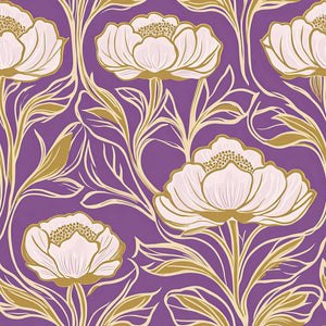 Art Deco damask wallpaper with white flowers and gold highlights on a purple background, perfect for elegant living spaces.