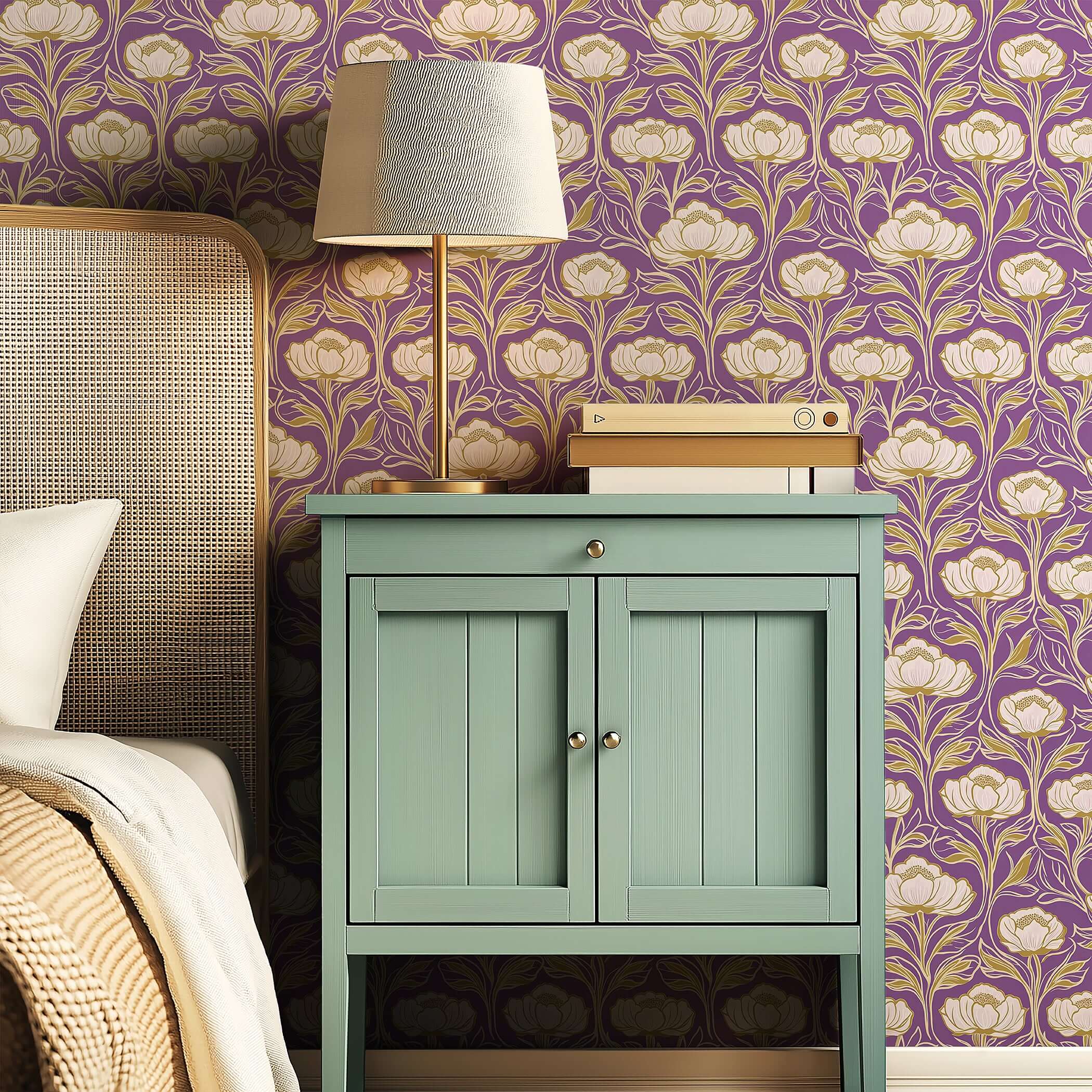 Art deco damask wallpaper with purple and gold floral design, featuring white flowers, adding elegance to a vintage-inspired room.