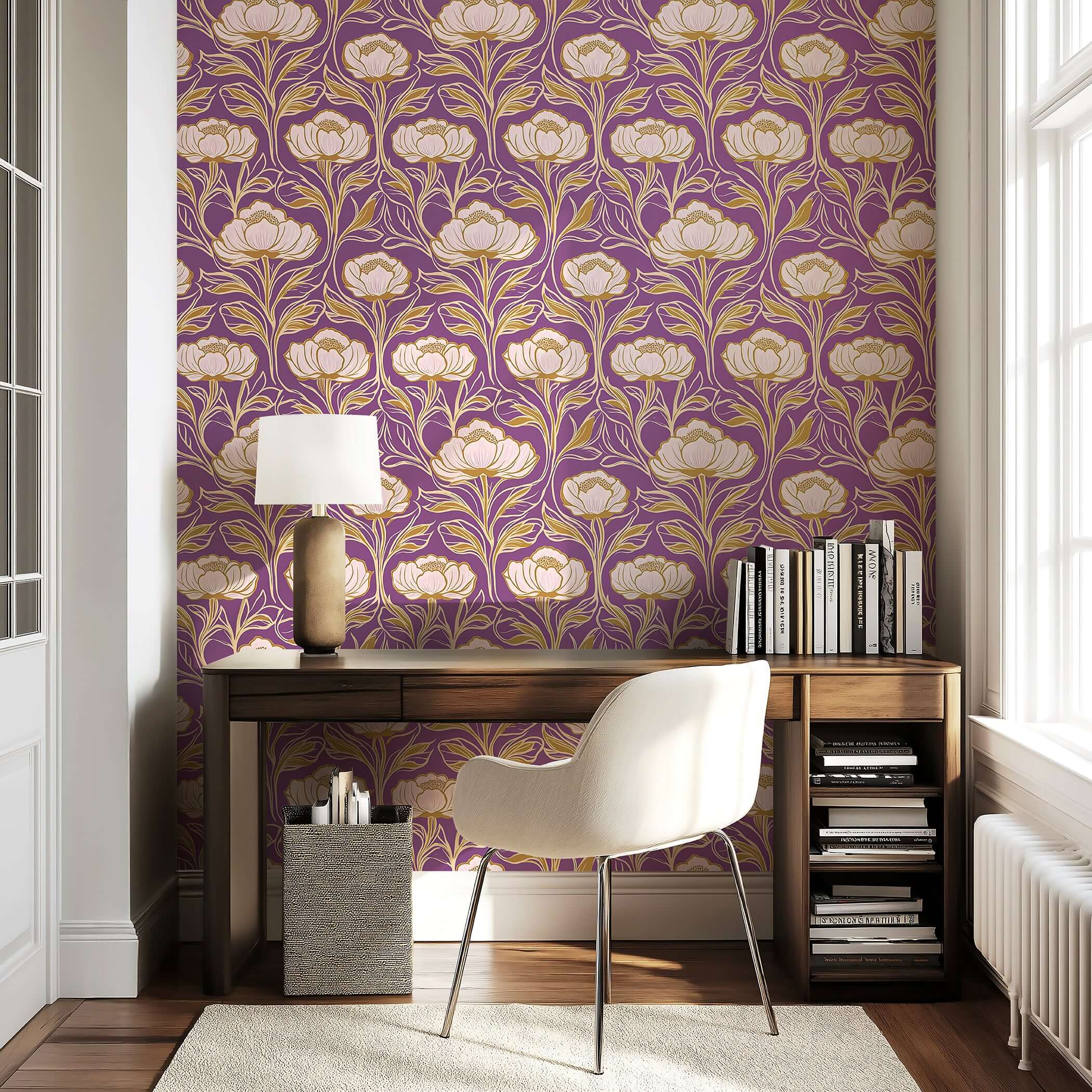 Art deco damask wallpaper with purple, gold, and white floral patterns in a modern room setting. Royal Bloom Tapestry design.
