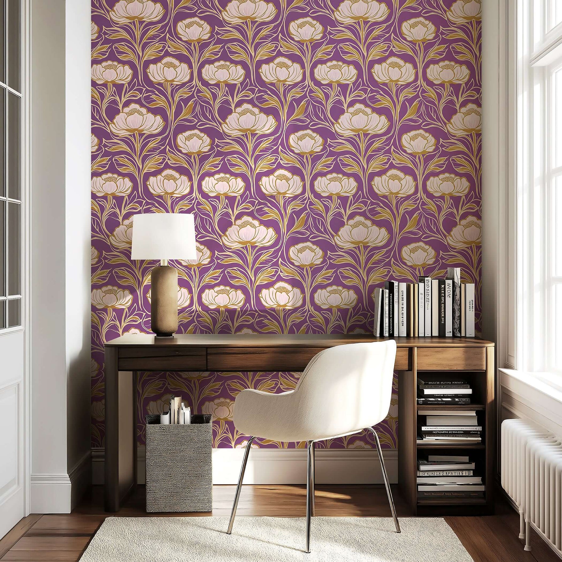 Art deco damask wallpaper with purple, gold, and white floral patterns in a modern room setting. Royal Bloom Tapestry design.