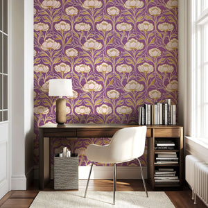 Art deco damask wallpaper with purple, gold, and white floral patterns in a modern room setting. Royal Bloom Tapestry design.