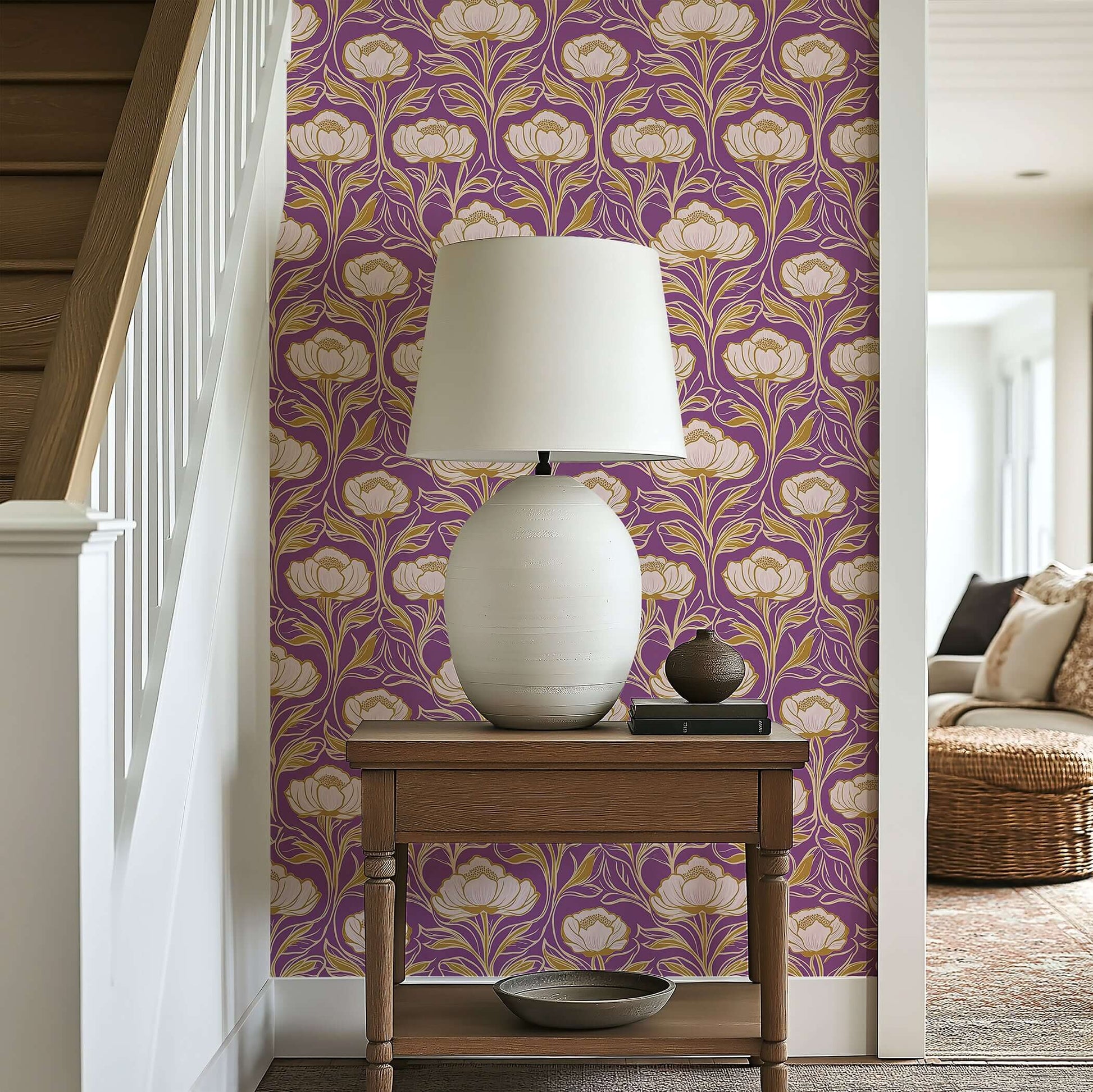 Art deco wallpaper with purple, gold, and white floral damask design. Elegant Royal Bloom pattern adds vintage flair to modern decor.