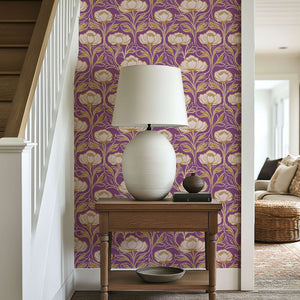 Art deco wallpaper with purple, gold, and white floral damask design. Elegant Royal Bloom pattern adds vintage flair to modern decor.