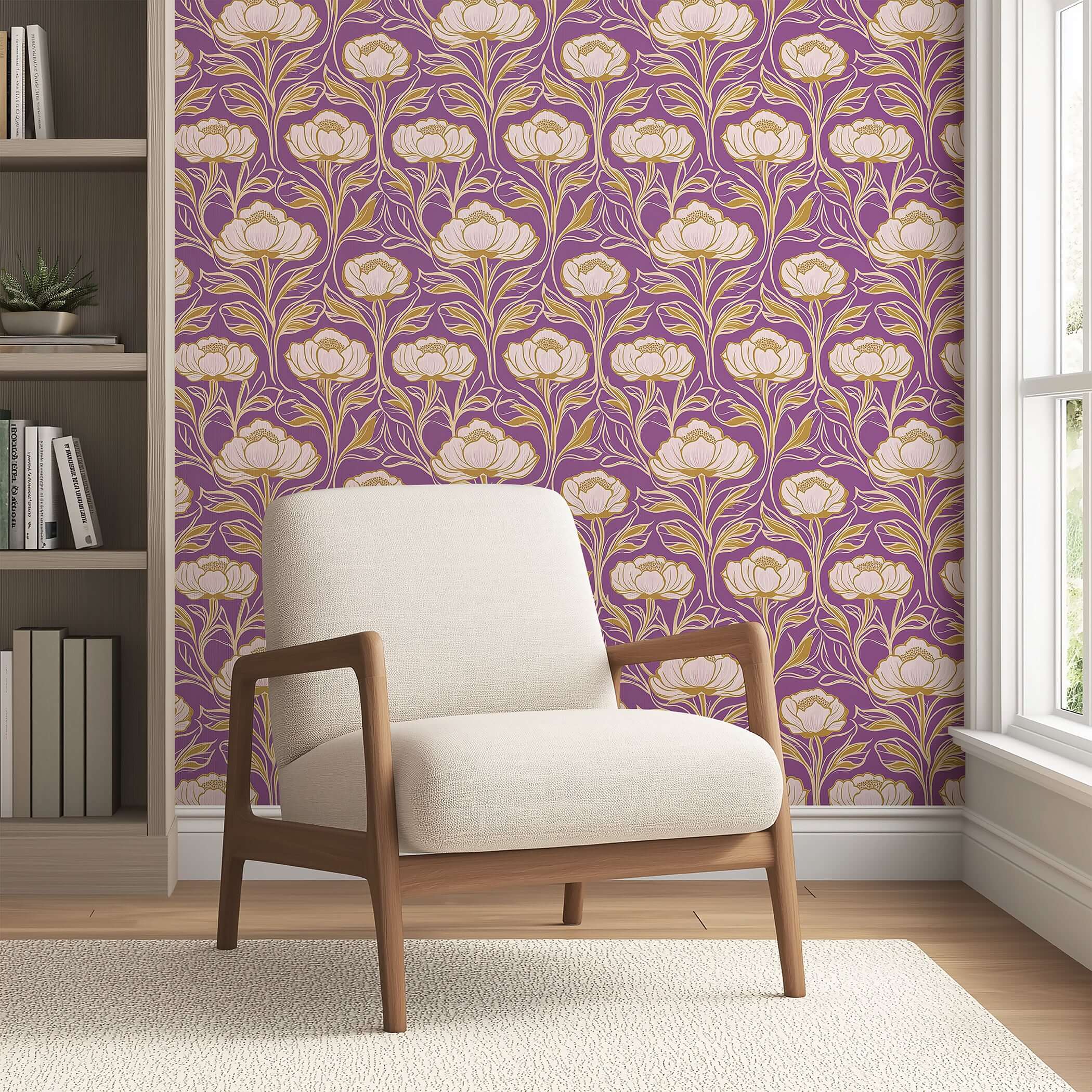 Art deco floral wallpaper with purple, gold, and white damask pattern behind a beige chair, creating an elegant room decor.