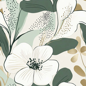 Golden Greenscape Wallpaper featuring white flowers, green leaves, and gold accents for a modern, sophisticated floral design.