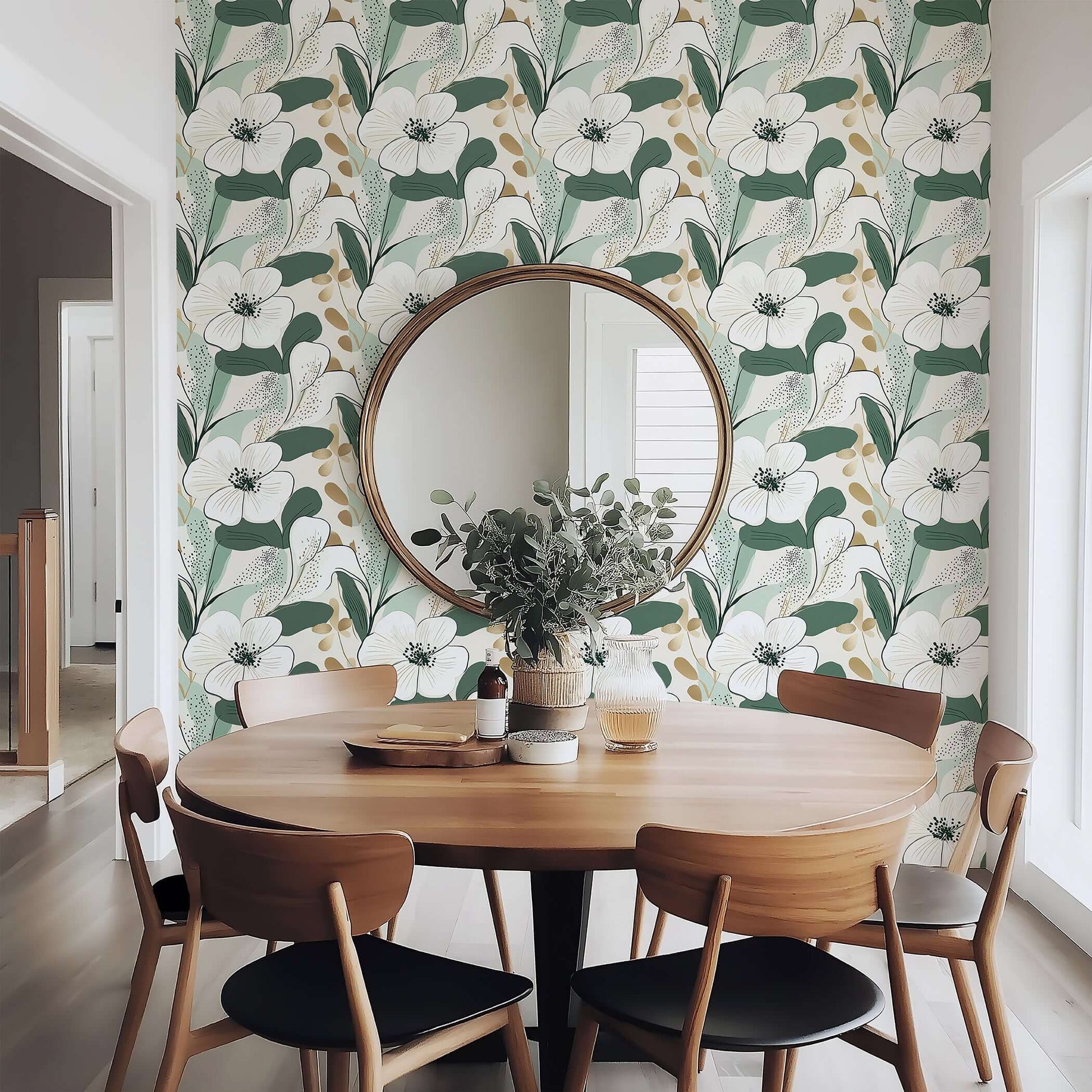 Dining room with Golden Greenscape wallpaper featuring modern white, green, and gold floral design, enhancing contemporary home decor.