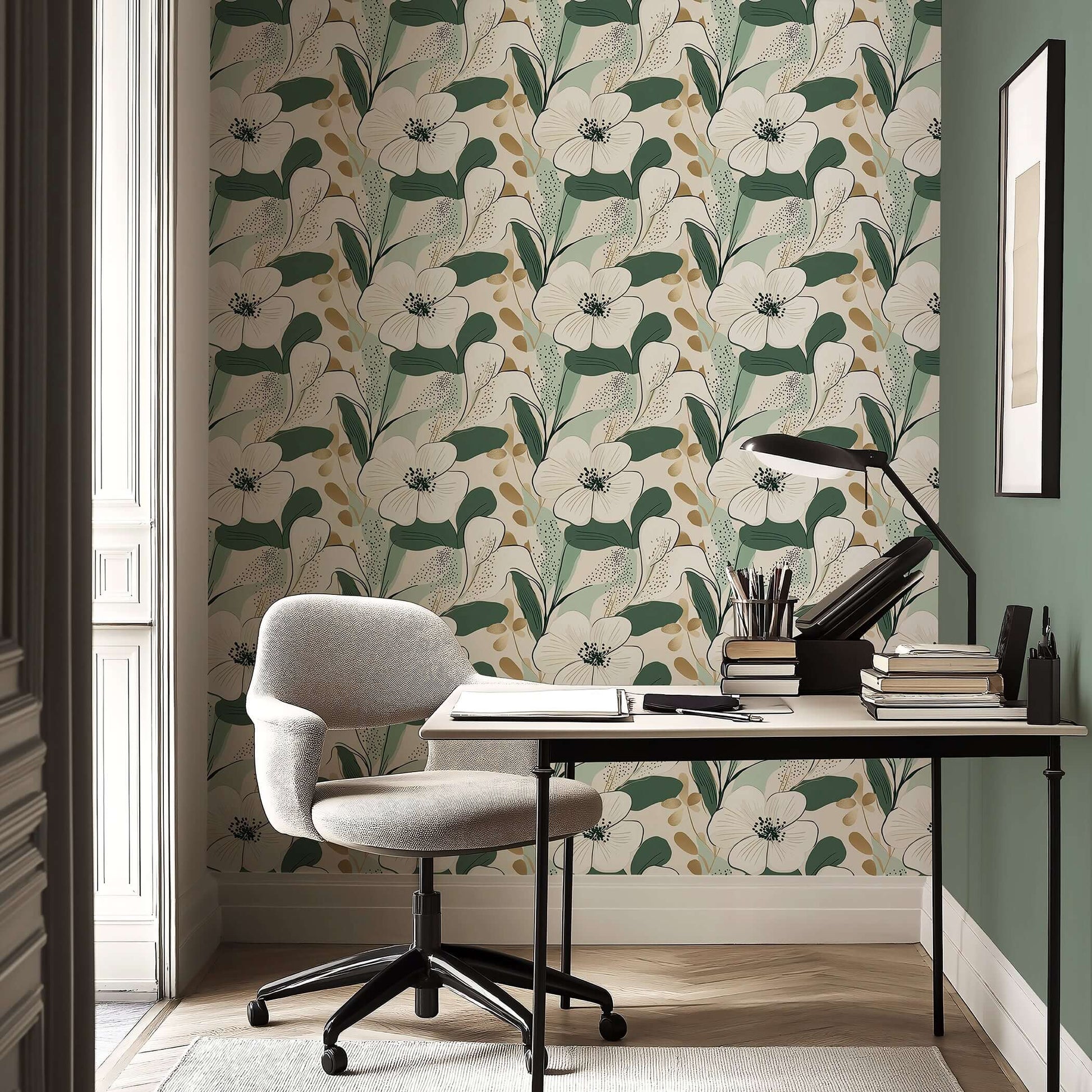 Modern floral wallpaper with white, green, and gold accents, featuring soft white blossoms and lush foliage, enhancing a stylish home office.