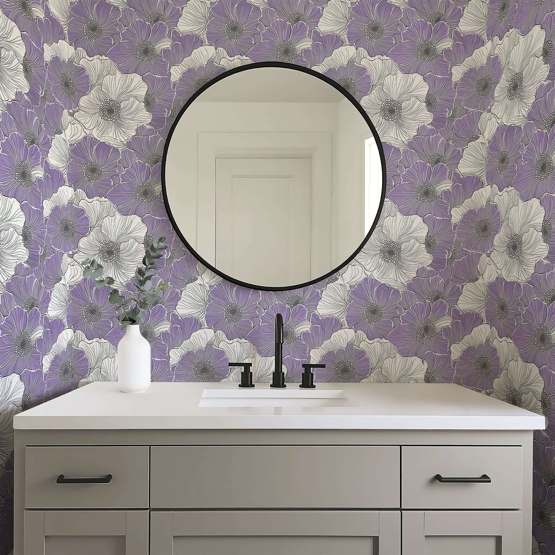 Modern bathroom with lavender floral wallpaper, featuring monochromatic flower design and sleek decor elements.