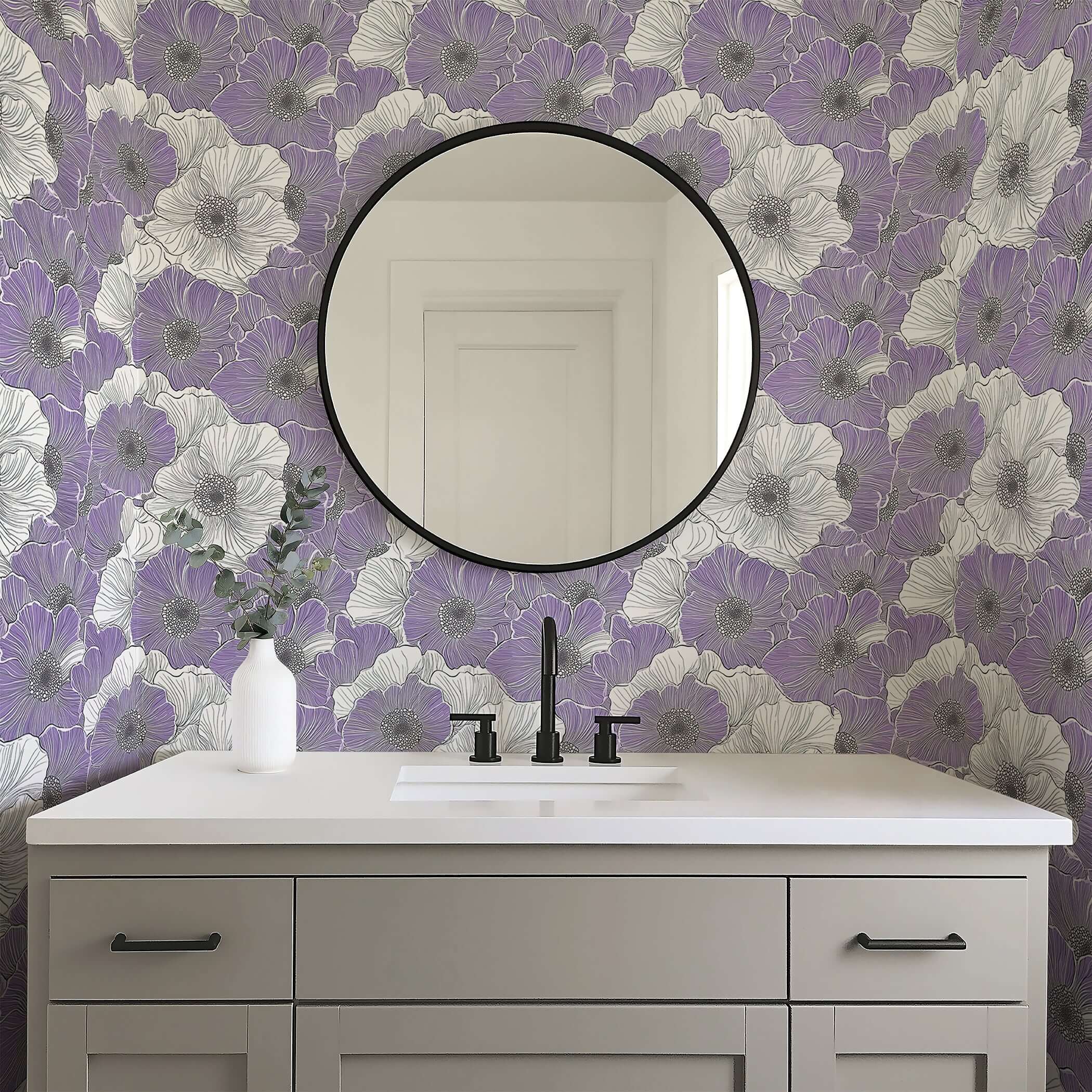 Modern bathroom with lavender floral wallpaper, featuring monochromatic flower design and sleek decor elements.