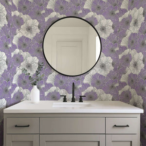 Modern bathroom with lavender floral wallpaper, featuring monochromatic flower design and sleek decor elements.