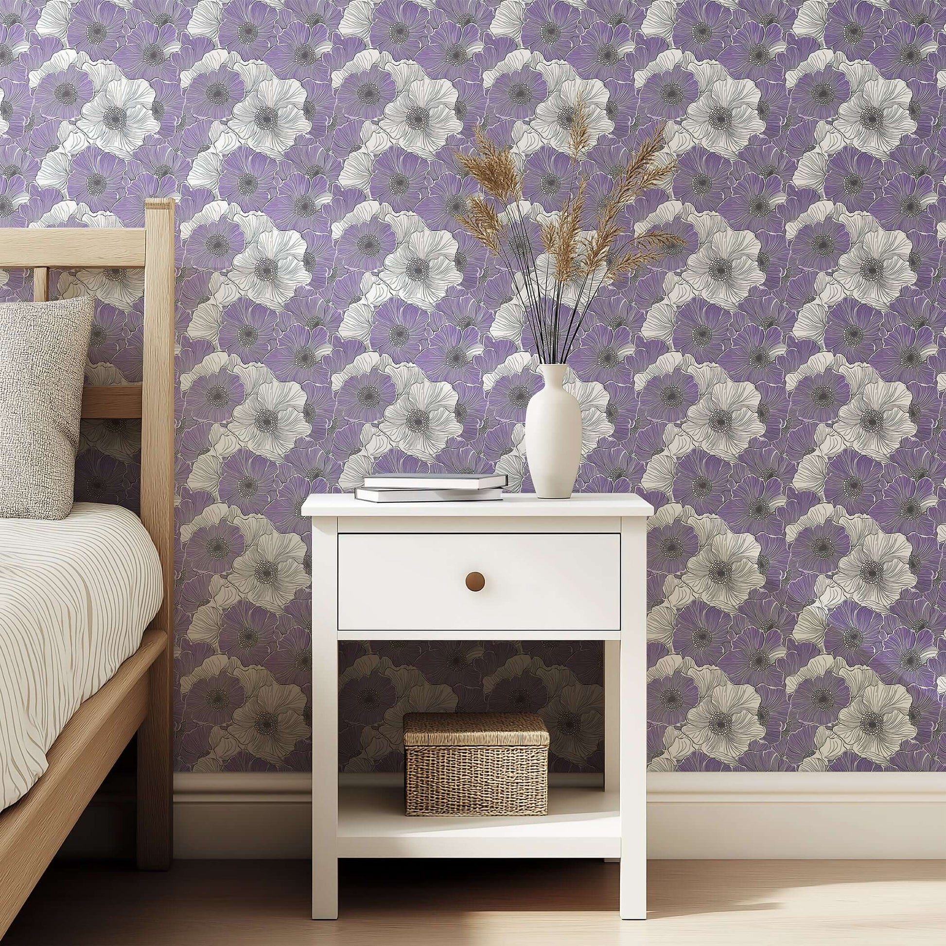 Lavender Fields Forever Wallpaper featuring monochromatic floral design with soft lilac and black linework, in a serene bedroom setting.