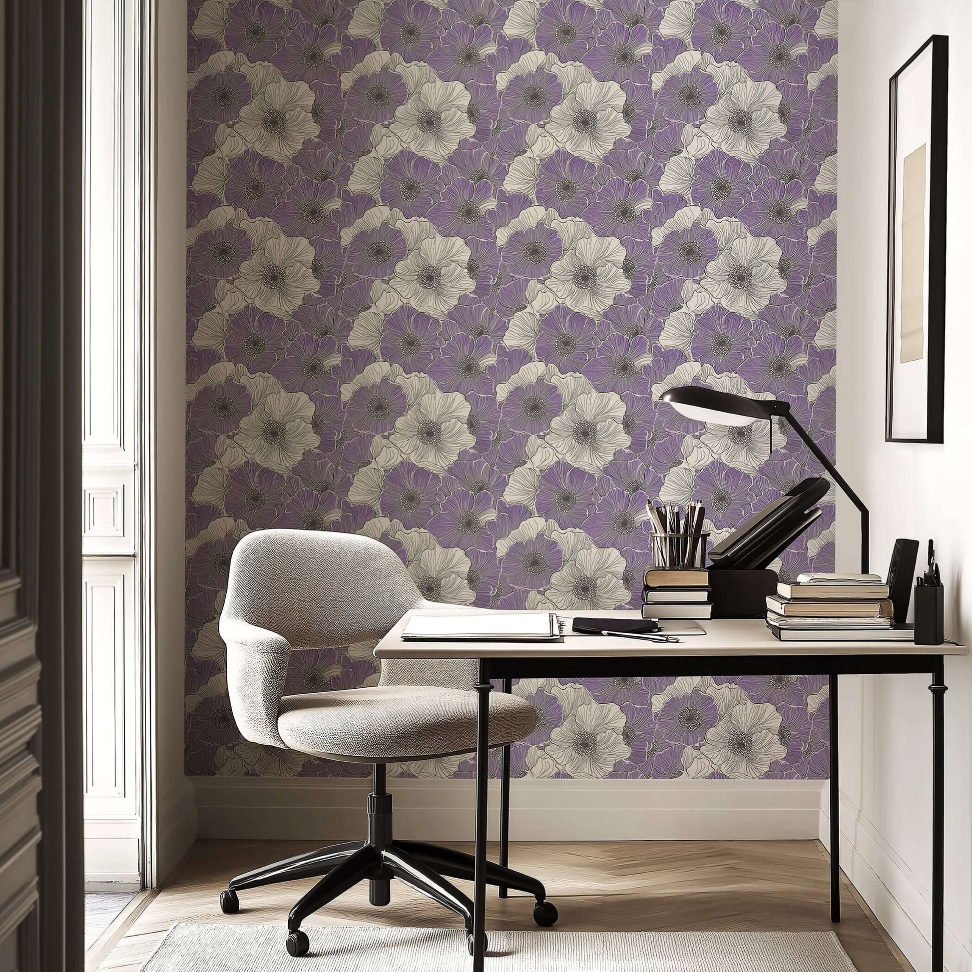 "Lavender Fields Forever" wallpaper, featuring monochrome flowers with lilac tones, enhances a modern office with floral design elegance.