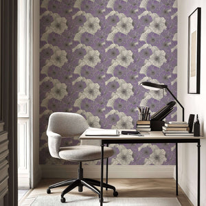"Lavender Fields Forever" wallpaper, featuring monochrome flowers with lilac tones, enhances a modern office with floral design elegance.