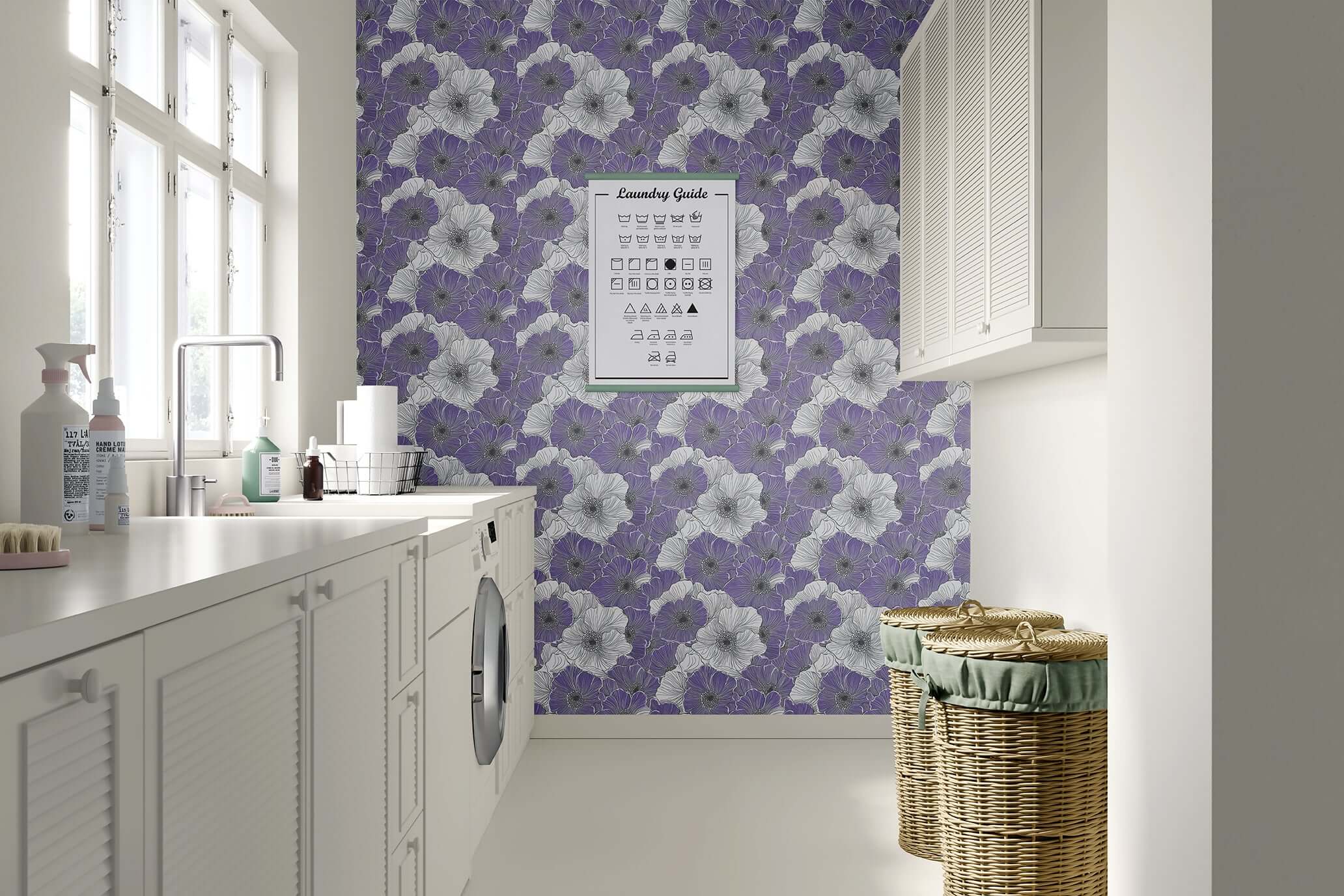 Lavender Fields Forever wallpaper with floral monochrome design in modern laundry room setting.