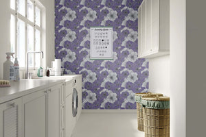 Lavender Fields Forever wallpaper with floral monochrome design in modern laundry room setting.